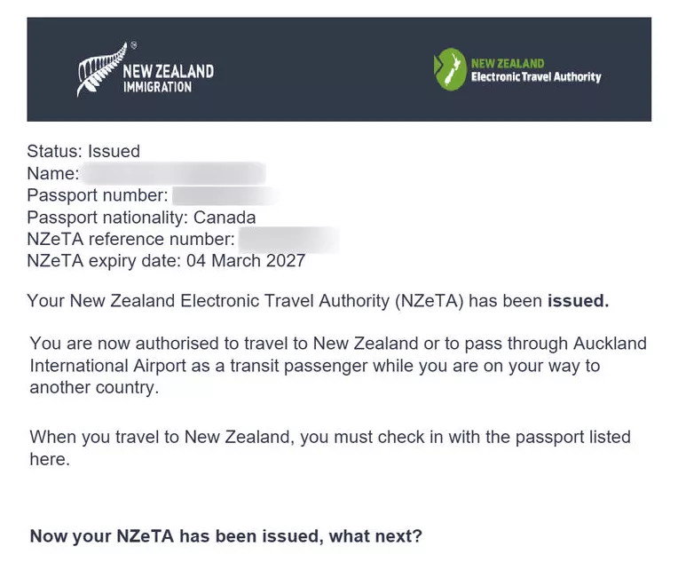 Sample New Zealand NZeTA issued confirmation email